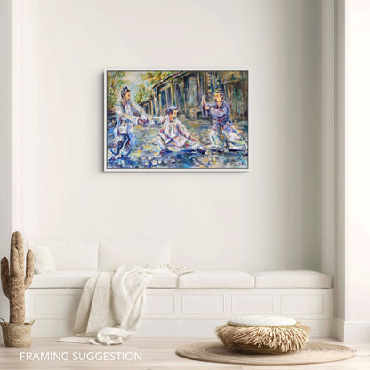 Gentle Discipline by Grady T Zeeman shown in a white frame above built-in seating in a light neutral interior.