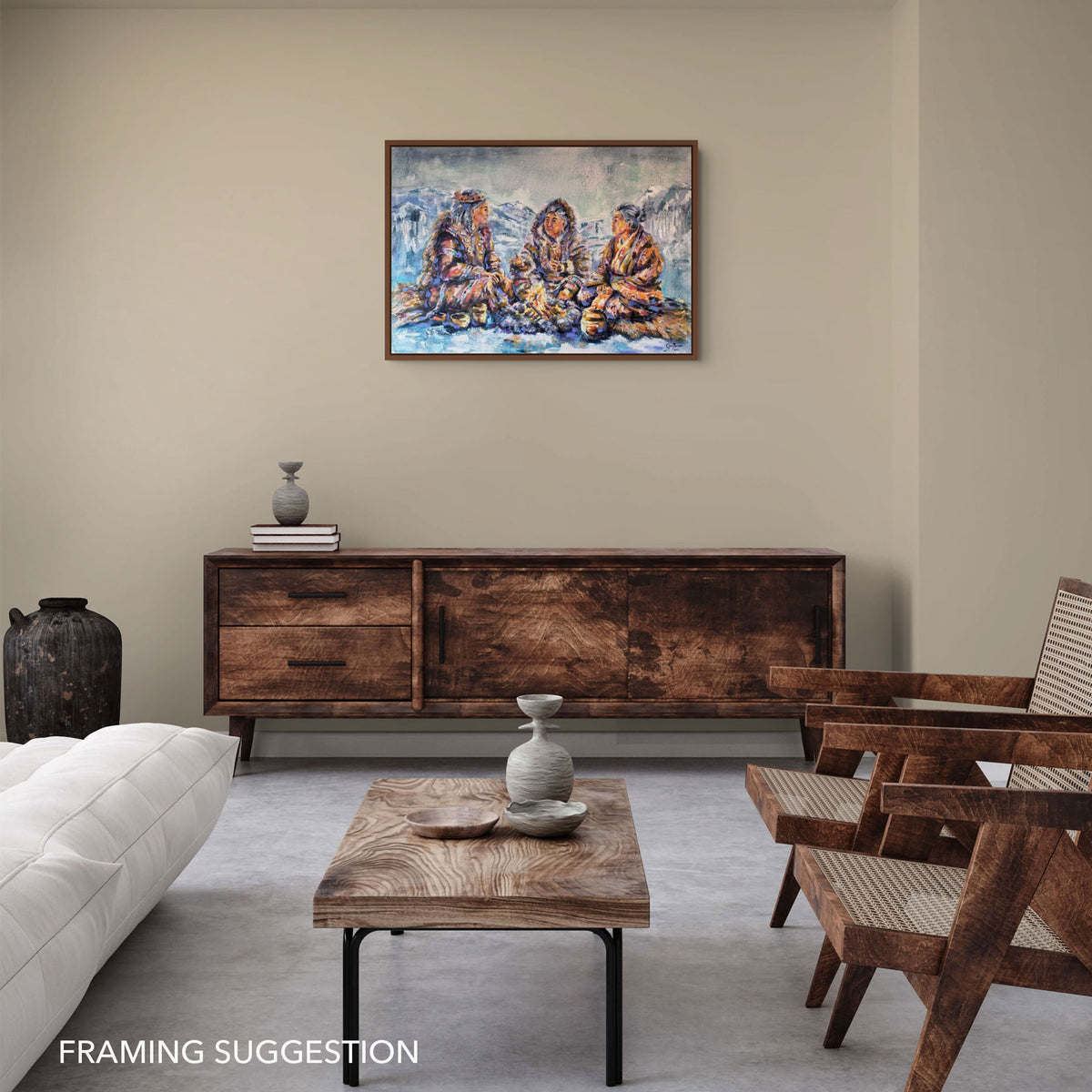 Wise Women of Worth by Grady T Zeeman shown framed above a dark wooden sideboard in a neutral contemporary living room.