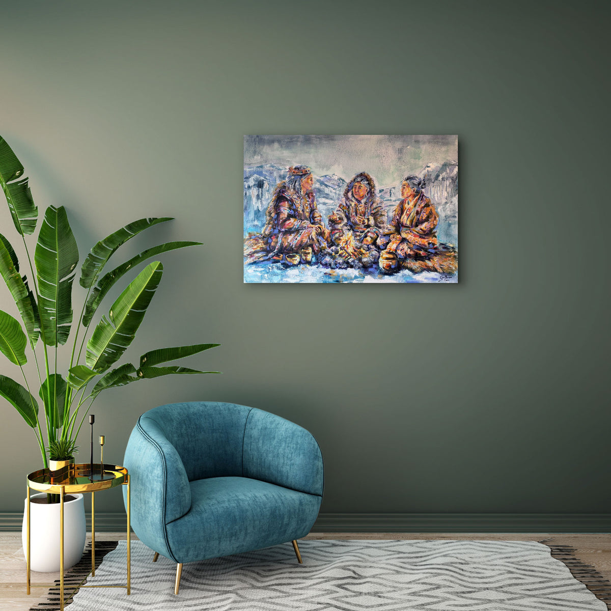 Wise Women of Worth by Grady T Zeeman displayed on a muted green wall above a blue armchair in a contemporary interior.