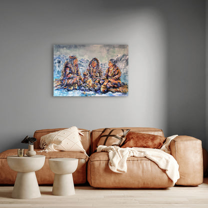 Wise Women of Worth by Grady T Zeeman displayed above a tan leather sofa against a dark grey wall in a contemporary living room.