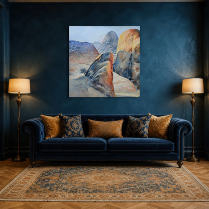 Hein Botha’s Heartland Laid Bare, a colourful contemporary landscape painting of granite rock formations, displayed above a blue velvet sofa in an elegant interior.