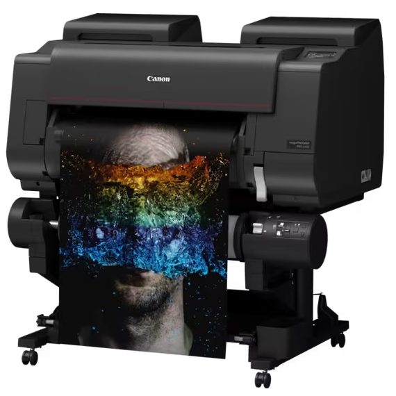 Canon Image ProGRAF Pro 2600 printer with a printed photogaph of a face.
