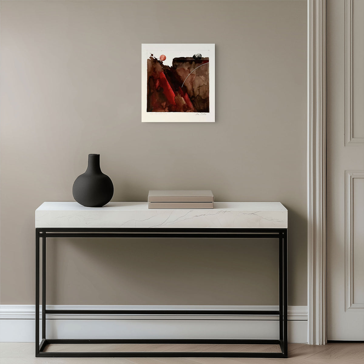 Probe – Hard Land/Heartland abstract painting by Hein Botha displayed above a console table