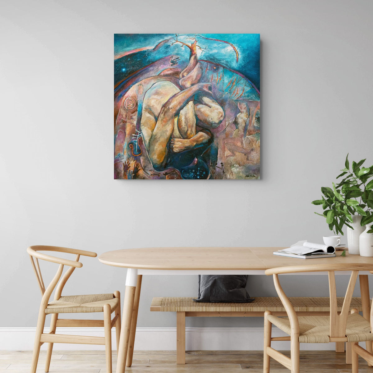 San Unslumber by Hein Botha, figurative acrylic painting with intertwined human forms and San-inspired symbolism, displayed above a contemporary dining table.
