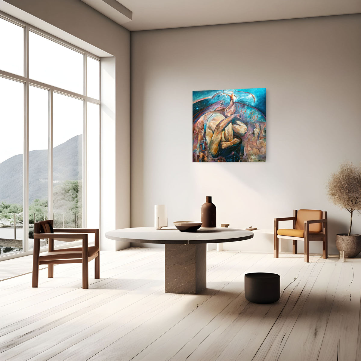 San Unslumber by Hein Botha, colourful South African figurative painting inspired by San mythology, displayed in a spacious contemporary interior.