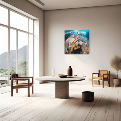 San Unslumber by Hein Botha, colourful South African figurative painting inspired by San mythology, displayed in a spacious contemporary interior.