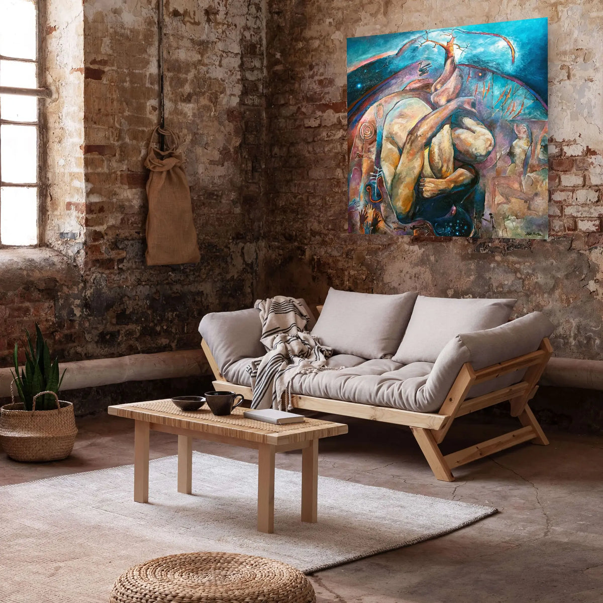 San Unslumber by Hein Botha, South African figurative acrylic painting inspired by San mythology, displayed in a rustic studio apartment with exposed brick walls.